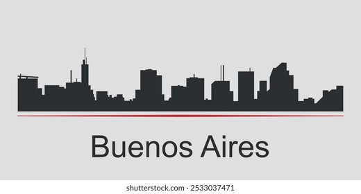 Black silhouette of city skyline in Buenos Aires, Argentina, emphasized by red line with text. Vector on a gray background