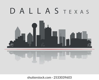 Silueta negra del horizonte de la ciudad en Dallas, Texas, enfatizada por una línea roja con texto. Vector sobre un fondo gris