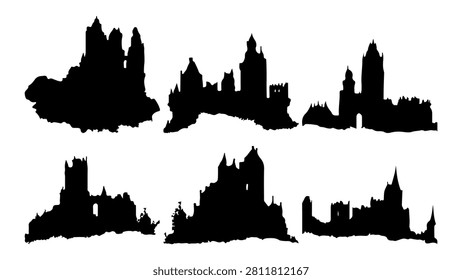 Black silhouette of a city skyline featuring various tall buildings and towers against a plain background.