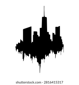 Black silhouette of a city skyline featuring tall skyscrapers and buildings against a white background, emphasizing urban architecture and cityscape.