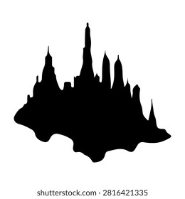 A black silhouette of a city skyline featuring various tall buildings and skyscrapers against a white background.