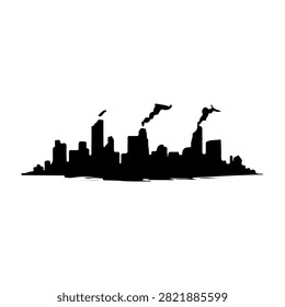 Black silhouette of a city skyline featuring tall buildings and smoke stacks emitting smoke, representing urban industrial environment.