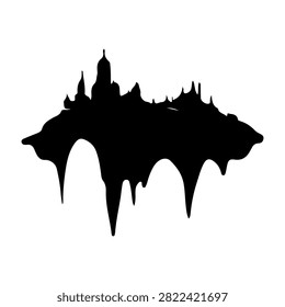 A black silhouette of a city skyline featuring various architectural landmarks and buildings, set against a white background.