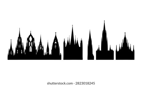 Black silhouette of a city skyline featuring historic buildings, spires, and towers, emphasizing architectural diversity and urban landscape.