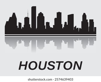 Black silhouette of city skyline with Houston with reflection in water. Vector on a gray background