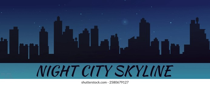 Black silhouette of the city skyline illuminated by stars in the bright evening.