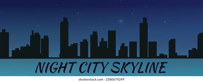 Black silhouette of the city skyline illuminated by stars in the bright evening.