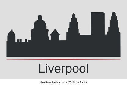 La silueta negra del horizonte de la ciudad en Liverpool, Inglaterra, está enfatizada por una línea roja con texto. Vector sobre un fondo gris