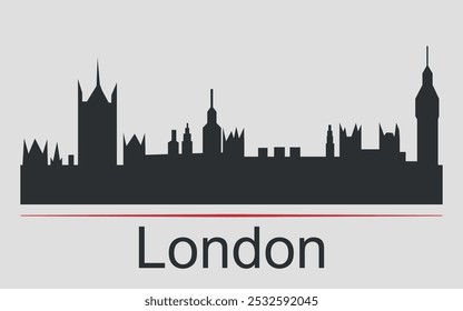 La silueta negra del horizonte de la ciudad en Londres, Inglaterra, está enfatizada por una línea roja con texto. Vector sobre un fondo gris