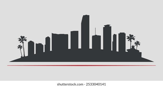 Silueta negra del horizonte de la ciudad en Miami, Florida, enfatizada por una línea roja con texto. Vector sobre un fondo gris