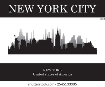 Black silhouette city skyline of city of New York City with black and white background with inscription of the name of the city, date of establishment and US state