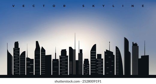 Silueta negra del horizonte de la ciudad en el fondo azul del cielo. Vector sobre un fondo azul