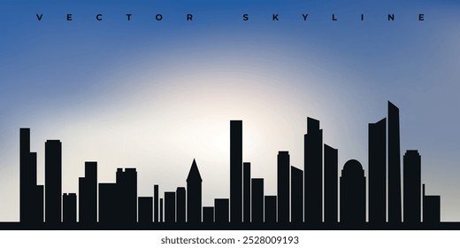 Silueta negra del horizonte de la ciudad en el fondo azul del cielo. Vector sobre un fondo azul