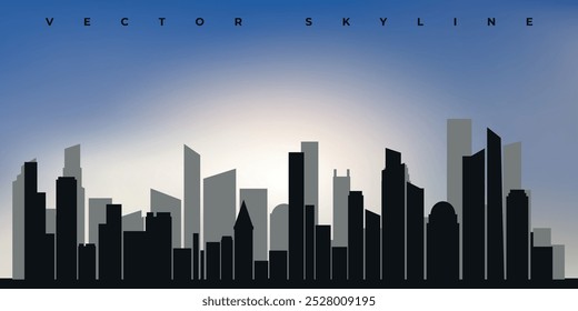 Silueta negra del horizonte de la ciudad en el fondo azul del cielo. Vector sobre un fondo azul