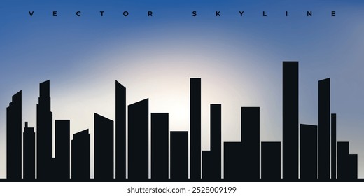 Silueta negra del horizonte de la ciudad en el fondo azul del cielo. Vector sobre un fondo azul