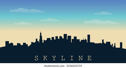 Black silhouette of city skyline on the background of blue sky with clouds and sunrise. Vector
