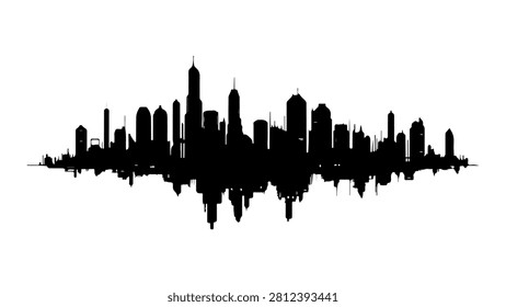 Black silhouette of a city skyline with reflected buildings on water, showcasing urban architecture and skyline at dusk or dawn.