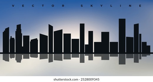 Black silhouette of city skyline with reflection in the water on the blue sky background. Vector on a blue background