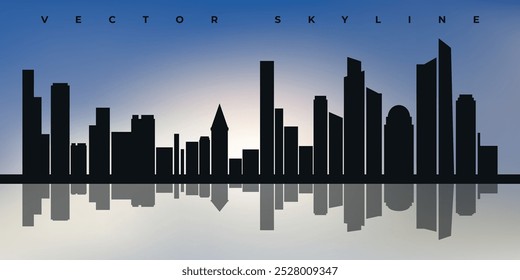 Silueta negra del horizonte de la ciudad con el reflejo en el agua en el fondo azul del cielo. Vector sobre un fondo azul