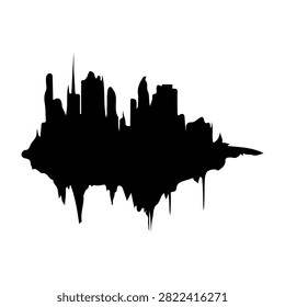 Black silhouette of a city skyline with its reflection on a white background, emphasizing urban architecture and cityscape features.