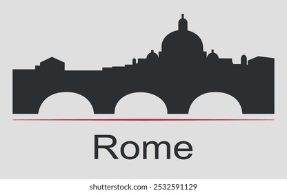 Black silhouette of the city skyline in Rome, Italy is emphasized by red line with text. Vector on a gray background