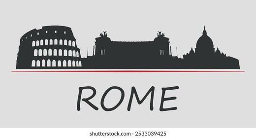  Black silhouette of city skyline in Rome, Italy, emphasized by red line with text. Vector on a gray background