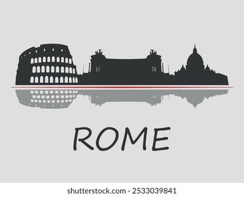 Black silhouette of city skyline in Rome, Italy, emphasized by red line with text. Vector on a gray background