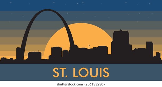 Black silhouette of the city of St. Louis against the background of the night starry sky and a large yellow moon