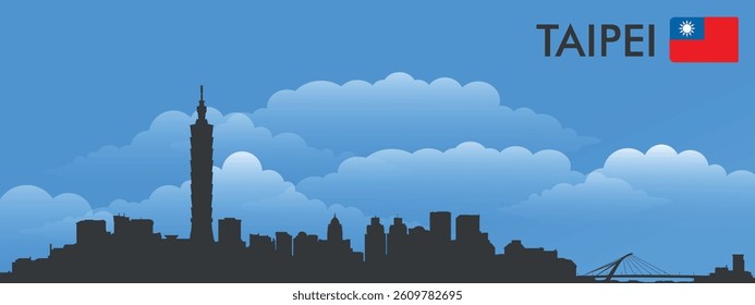 Black silhouette of the city of Taipei, China on the background of blue sky and big blue clouds. Vector flag of the country and text with the name of the city

