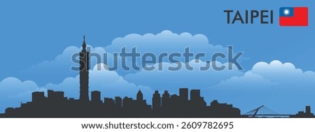 Black silhouette of the city of Taipei, China on the background of blue sky and big blue clouds. Vector flag of the country and text with the name of the city

