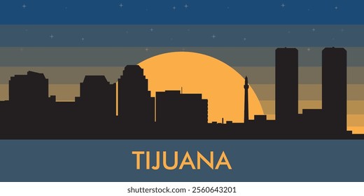 Black silhouette of the city of Tijuana against the background of the night starry sky and a large yellow moon