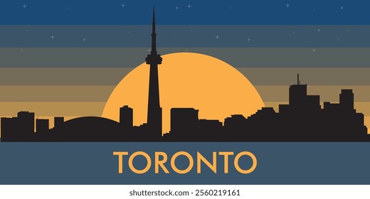 Black silhouette of the city of Toronto against the background of the night starry sky and a large yellow moon