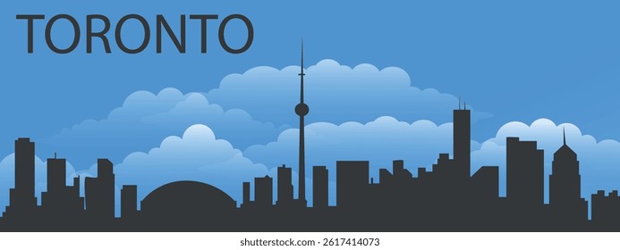 Black silhouette of the city of Toronto against a blue sky with clouds