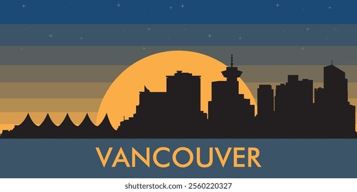 Black silhouette of the city of Vancouver against the background of the night starry sky and a large yellow moon