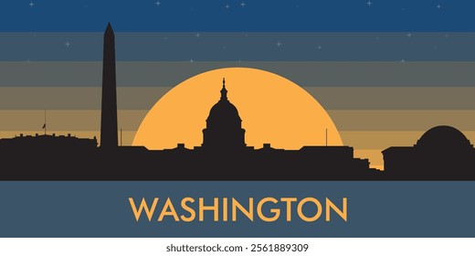 Black silhouette of the city of Washington against the background of the night starry sky and a large yellow moon