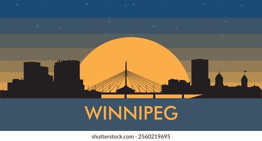 Black silhouette of the city of Winnipeg against the background of the night starry sky and a large yellow moon