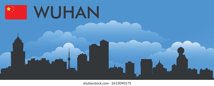  Black silhouette of the city of Wuhan, China on the background of blue sky and big blue clouds. Vector flag of the country and text with the name of the city