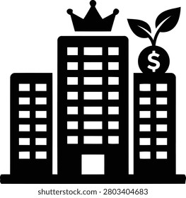 Black silhouette cityscape with crowned skyscraper and growing money plant on white background for business concept