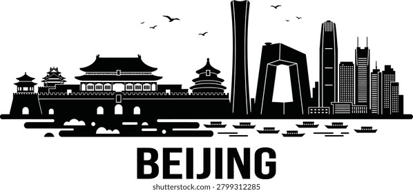 Black silhouette of Beijing’s cityscape featuring iconic landmarks like the Forbidden City and CCTV Headquarters, with flying birds.