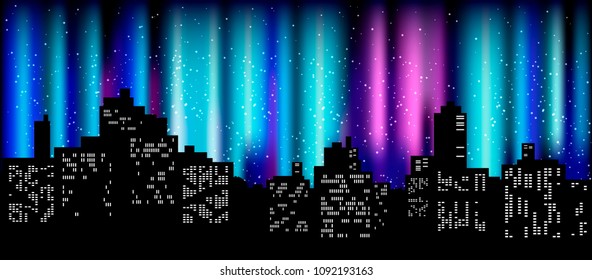 Black silhouette of cityscape. Northern lights in the night sky