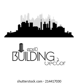 a black silhouette of a cityscape and text on a white background