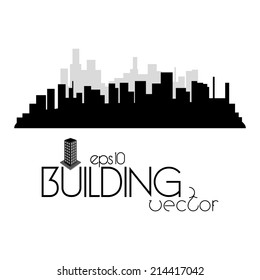 a black silhouette of a cityscape and text on a white background