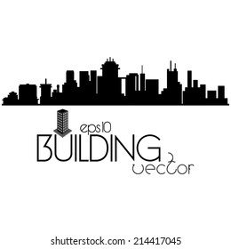 a black silhouette of a cityscape and text on a white background