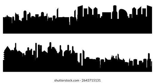 Black silhouette cityscapes featuring modern and industrial skylines. Urban skyline vector illustration set perfect for design, web, print, or architectural themes.
