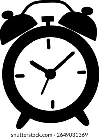 Black silhouette of a classic alarm clock icon on a white background.