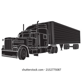 Black silhouette of classic american truck with trailer isolated on white background. Vector illustration.