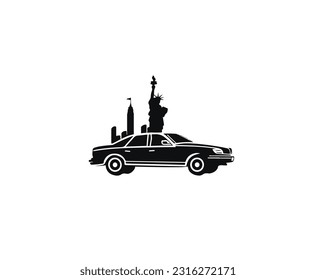 black silhouette of a classic car on the background of skyscrapers and the statue of liberty. Vector illustration