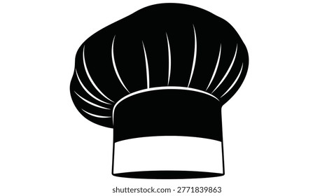 A black silhouette of a classic chef hat is shown, isolated on a white background. This graphic represents culinary professions and is ideal for food-related designs.