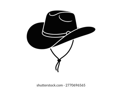 A black silhouette of a classic cowboy hat is presented against a clean white background. The hat features a defined crown with curved indentations and a wide, downward-sloping brim. A thin chin strap, tied with a knot, hangs from the base of the crown. The overall image is a simple, graphic representation of a cowboy hat.