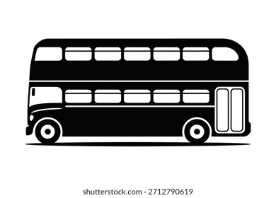Una silueta negra de un autobús clásico de dos pisos que se muestra en un perfil lateral. El autobús tiene dos niveles distintos para los pasajeros, con filas de ventanas visibles en las cubiertas superior e inferior. La parte delantera del autobús cuenta con un parabrisas y faros, y la parte trasera tiene una puerta. Las ruedas también están representadas. La Imagen se presenta sobre un fondo blanco.